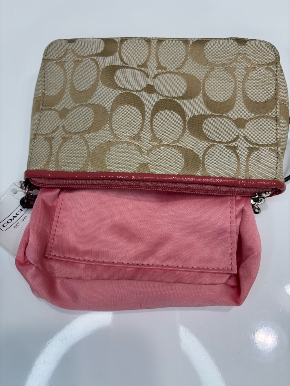 Coach Beige Signature Canvas Wristlet with Suede Pink Floral Appliques - Picture 8 of 11